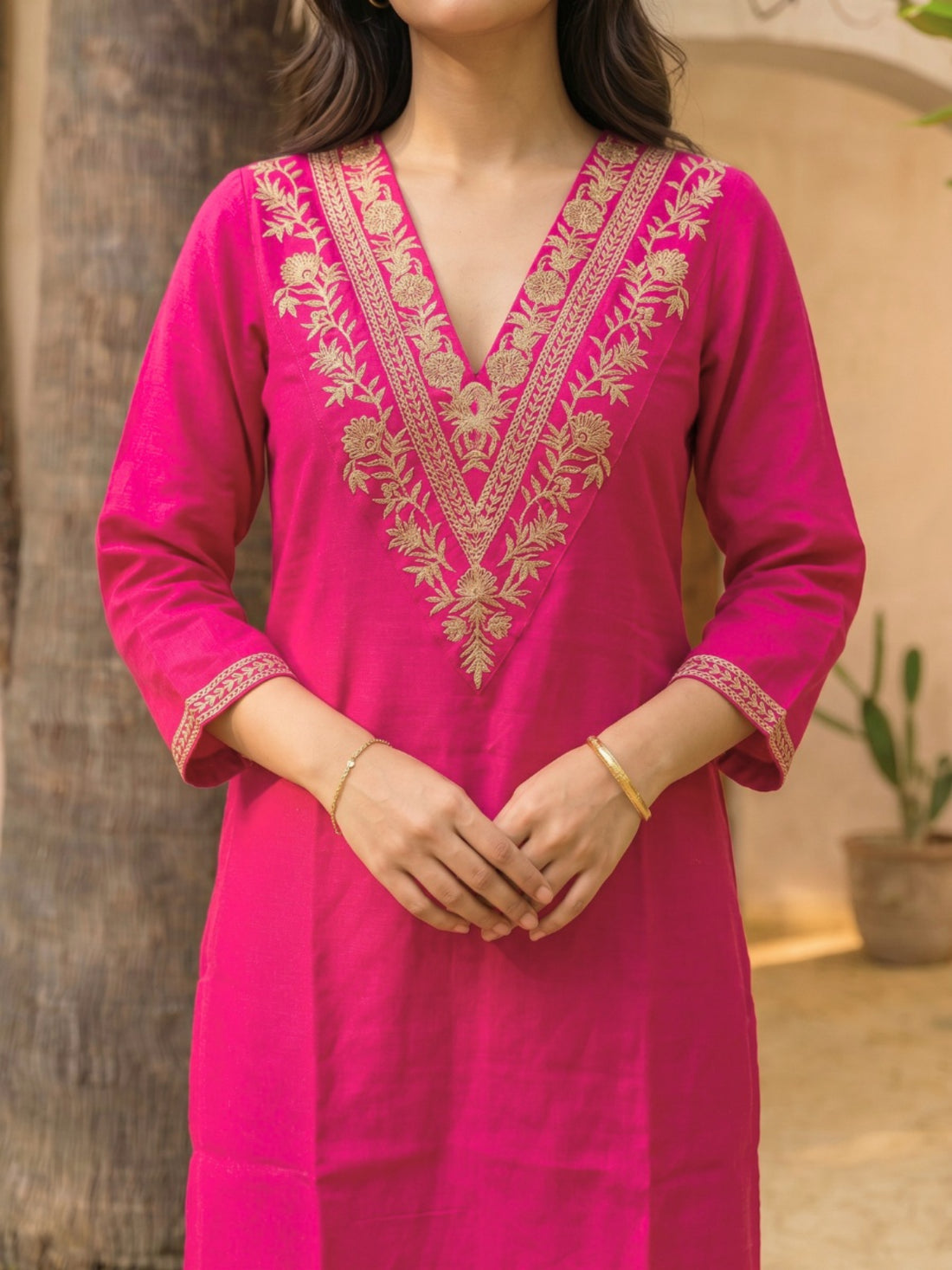 Buy Embroidered Straight Calf Length Kurta With Pant-Pink