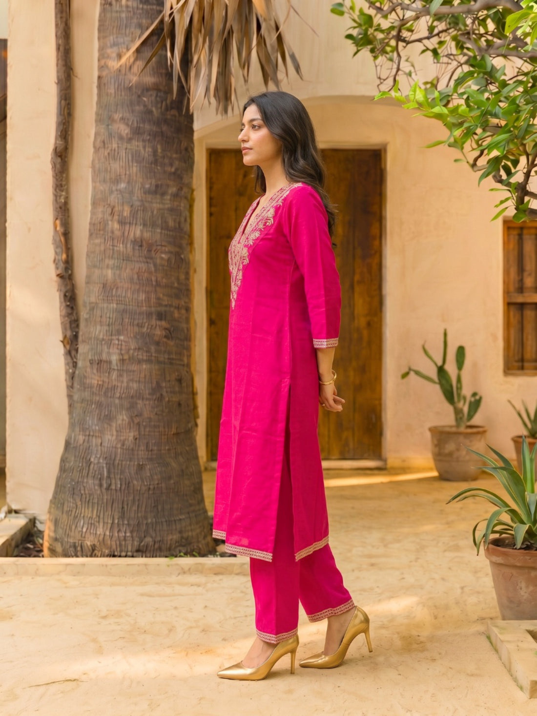 Buy Embroidered Straight Calf Length Kurta With Pant-Pink