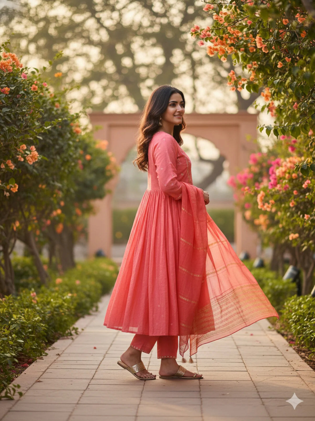 Buy Embroidered Anarkali Calf Length Kurta and Pant With Dupatta-Coral