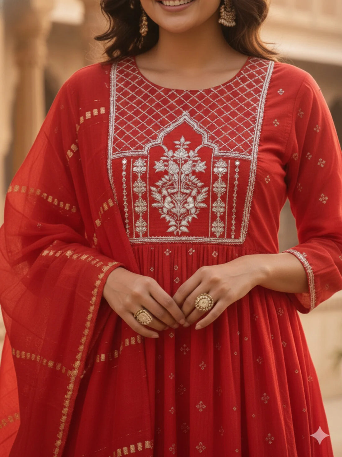Buy Chanderi Embroidered Anarkali Calf Length Kurta and Pant With Dupatta-Red