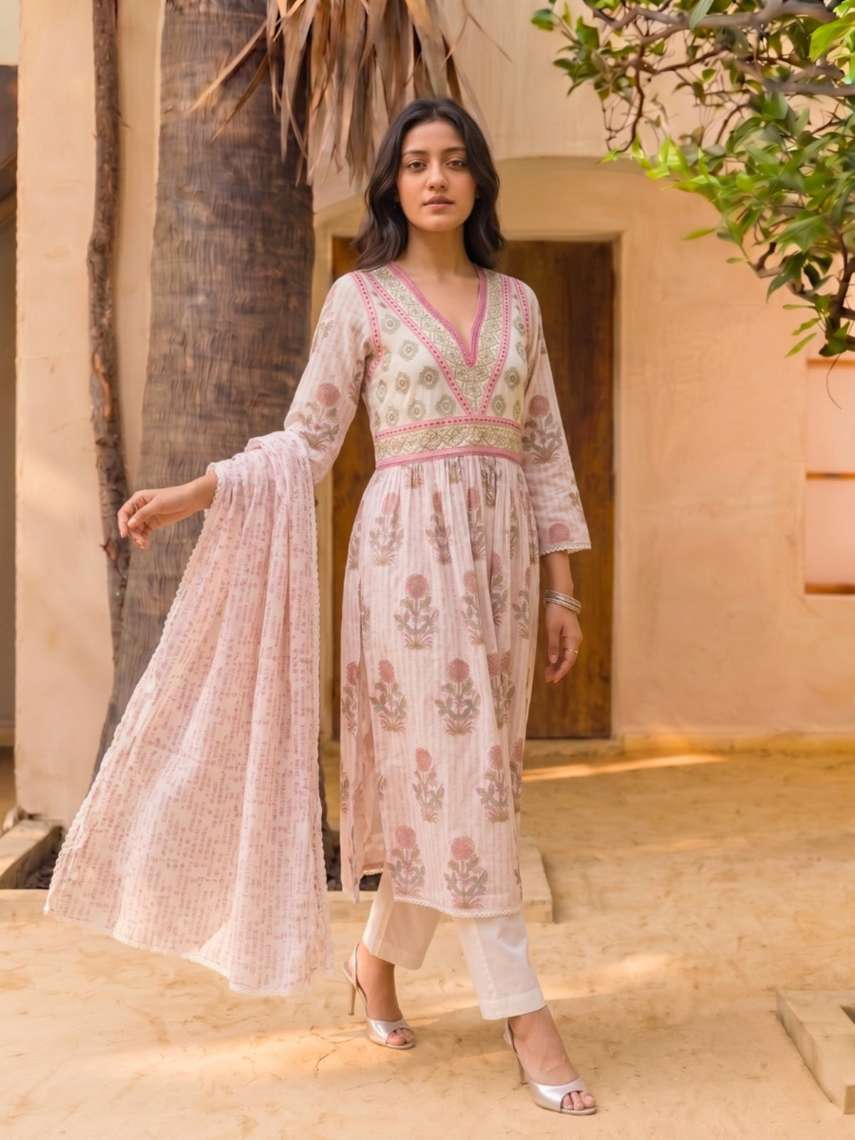 Embroidered Flared Calf Length Kurta With Pant and Dupatta
