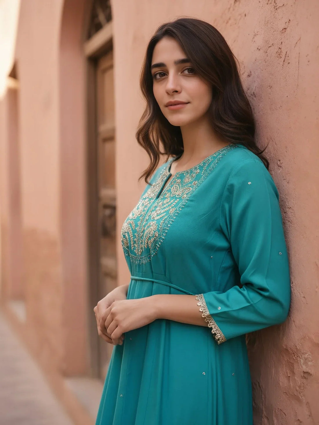 Buy Rayon Slub Embroidered Anarkali Calf Length Kurta-Turquoise