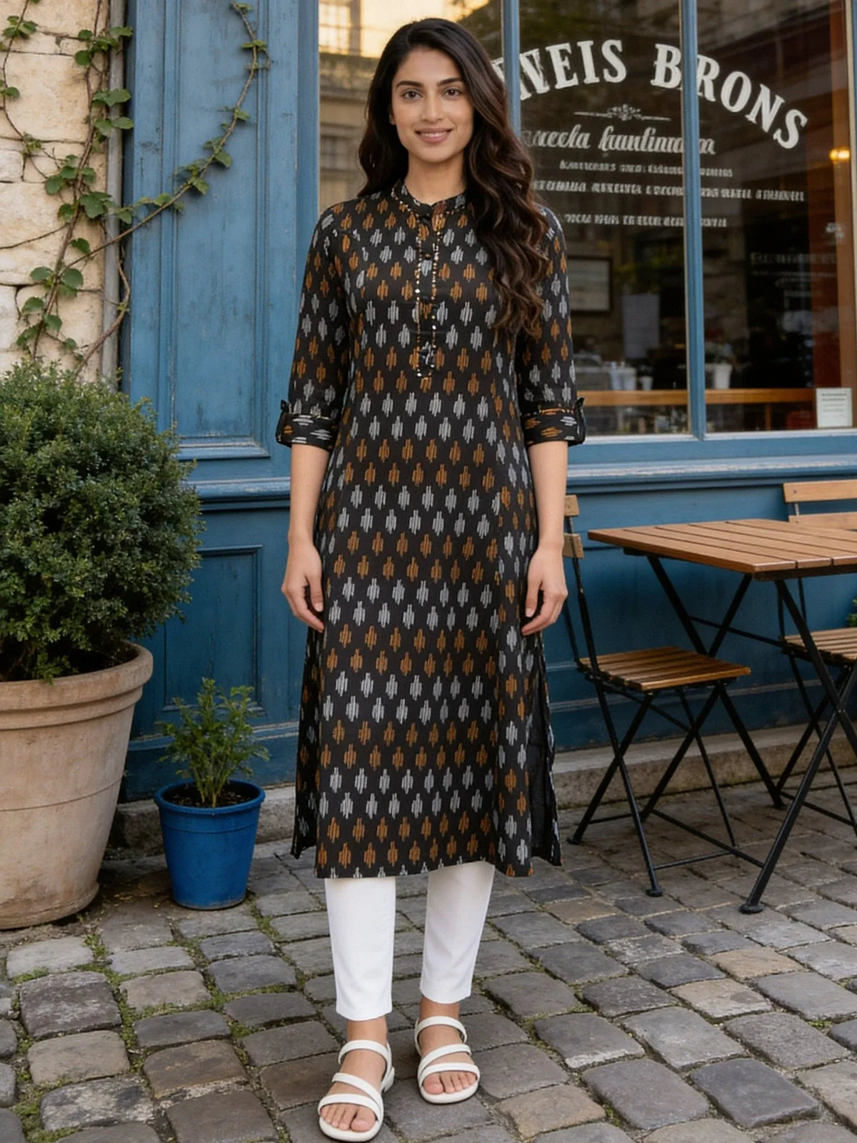 Black Cotton Printed Straight Knee Length Kurta