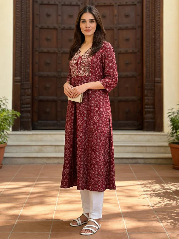 Buy Maroon Rayon Embroidered Anarkali Calf Length Kurta-Maroon