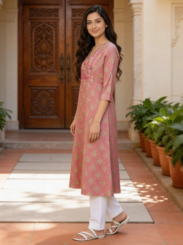 Buy Pink Rayon Embroidered Anarkali Calf Length Kurta-Pink