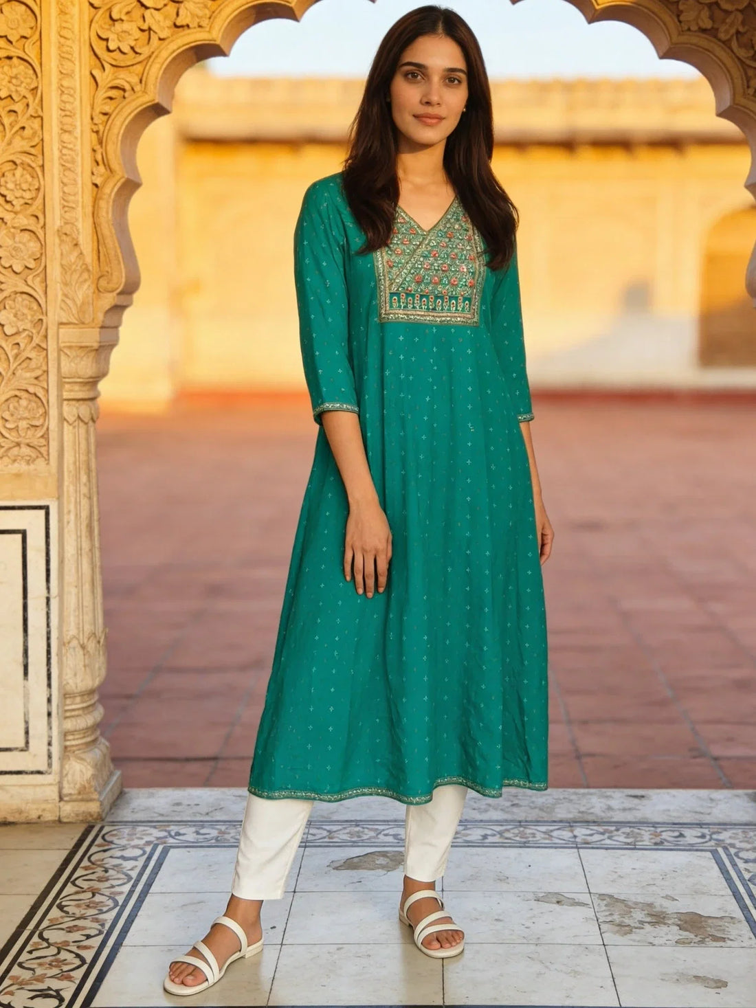 Buy Rayon Embroidered Anarkali Calf Length Kurta-Sea Green
