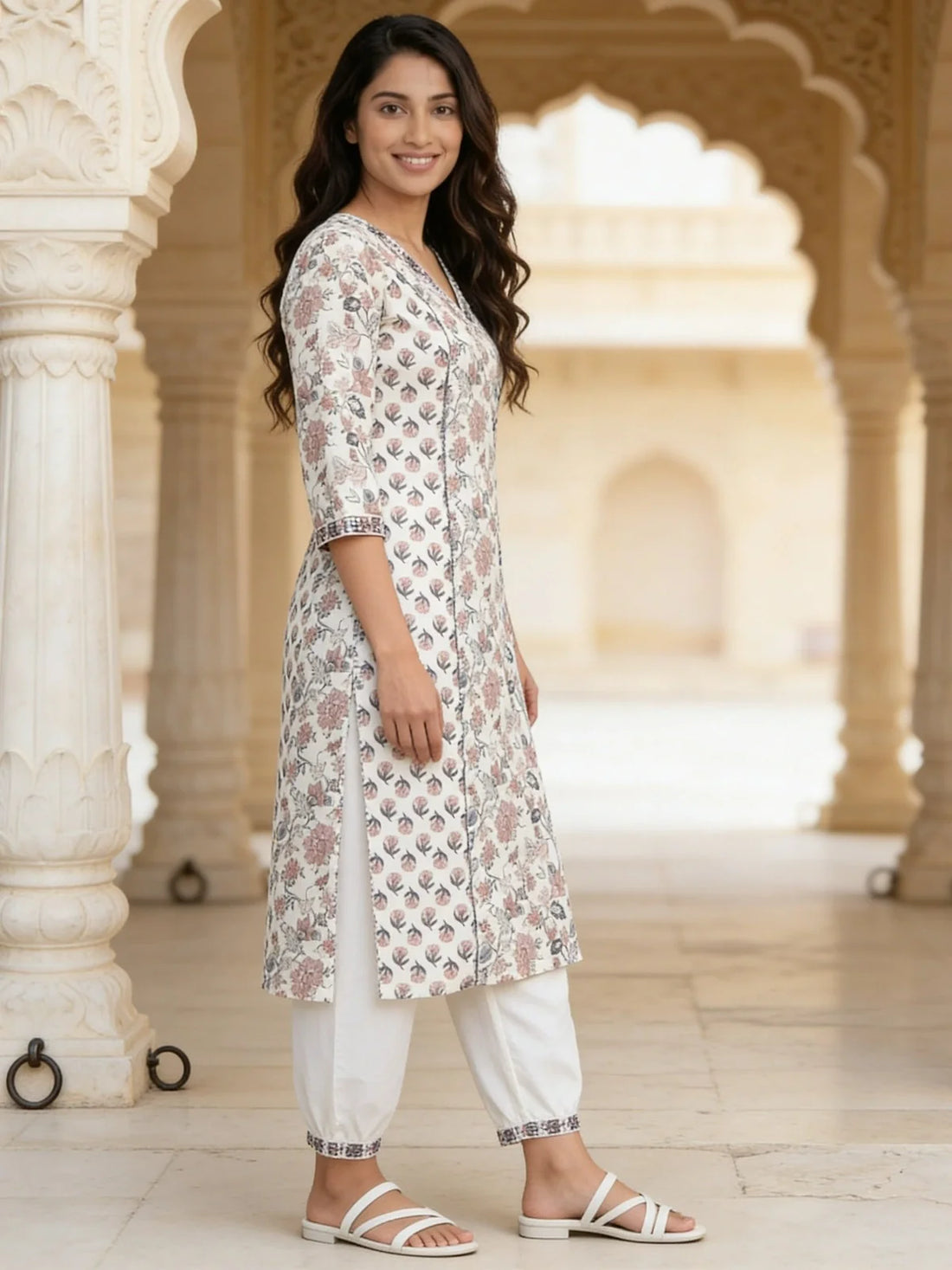 Buy Grey Cotton Embroidered Straight Calf Length Kurta with Pant-Multi