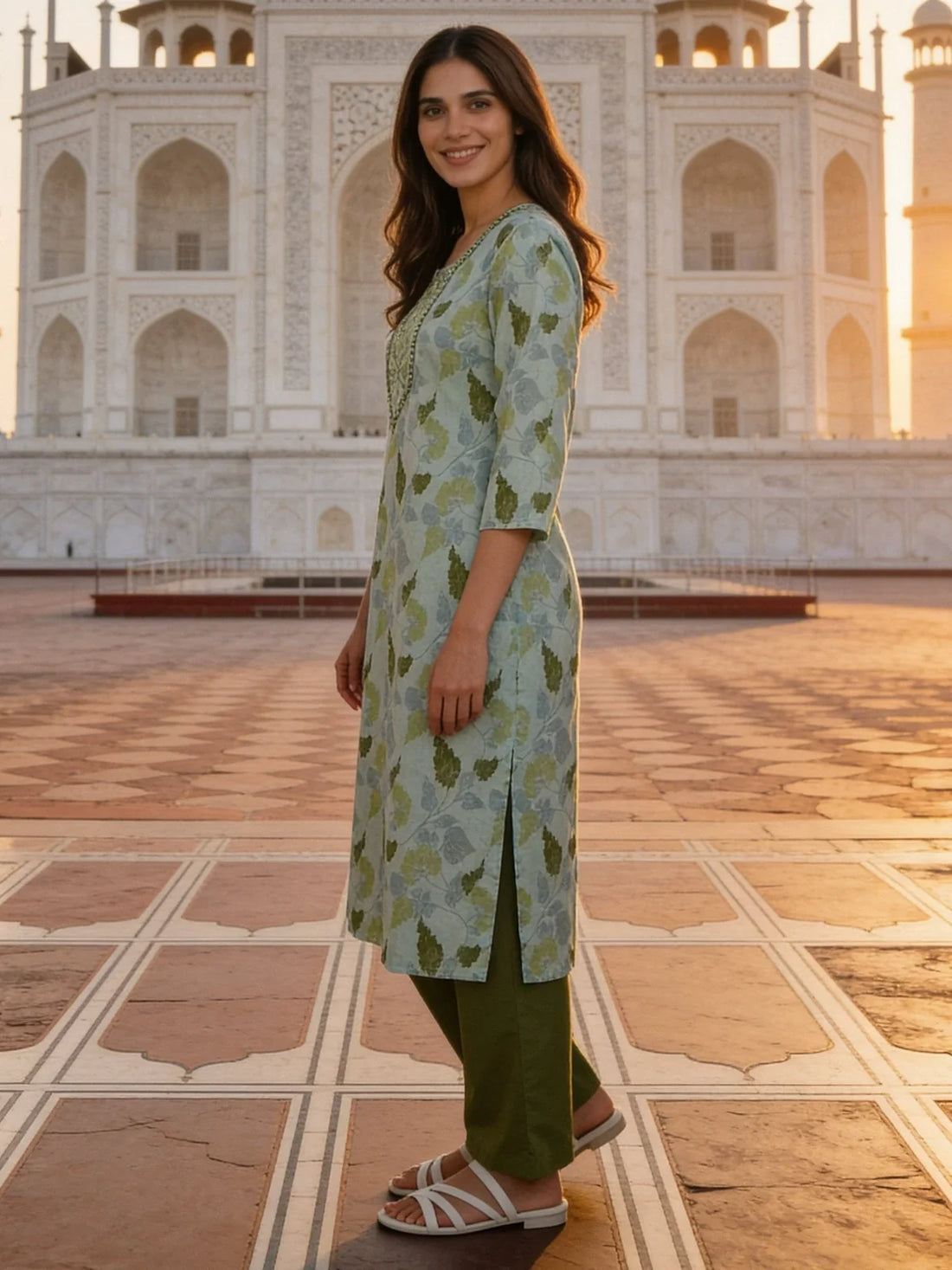 Buy Green Cotton Embroidered Straight Calf Length Kurta with Pant-Green
