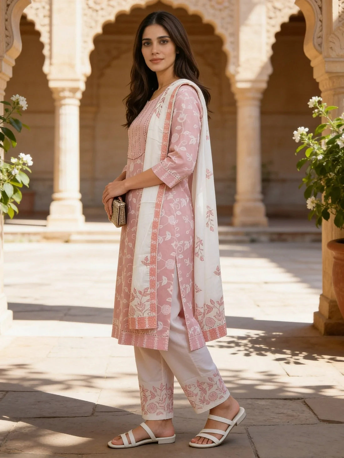Buy Peach Cotton Embroidered Straight Calf Length Kurta With Pant and Dupatta-Peach