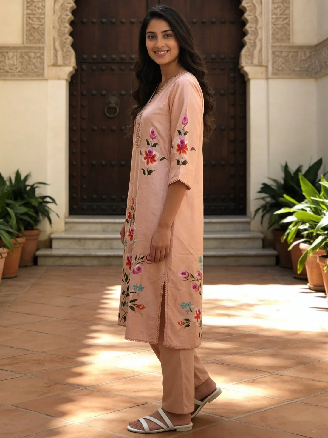 Buy Peach Rayon Embroidered Straight Calf Length Kurta With Pant and Dupatta-Peach