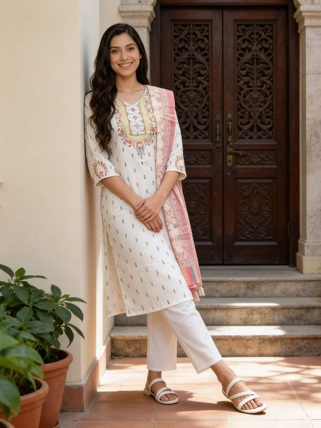 Buy Off White Cotton Embroidered Straight Calf Length Kurta With Pant and Dupatta-Off White