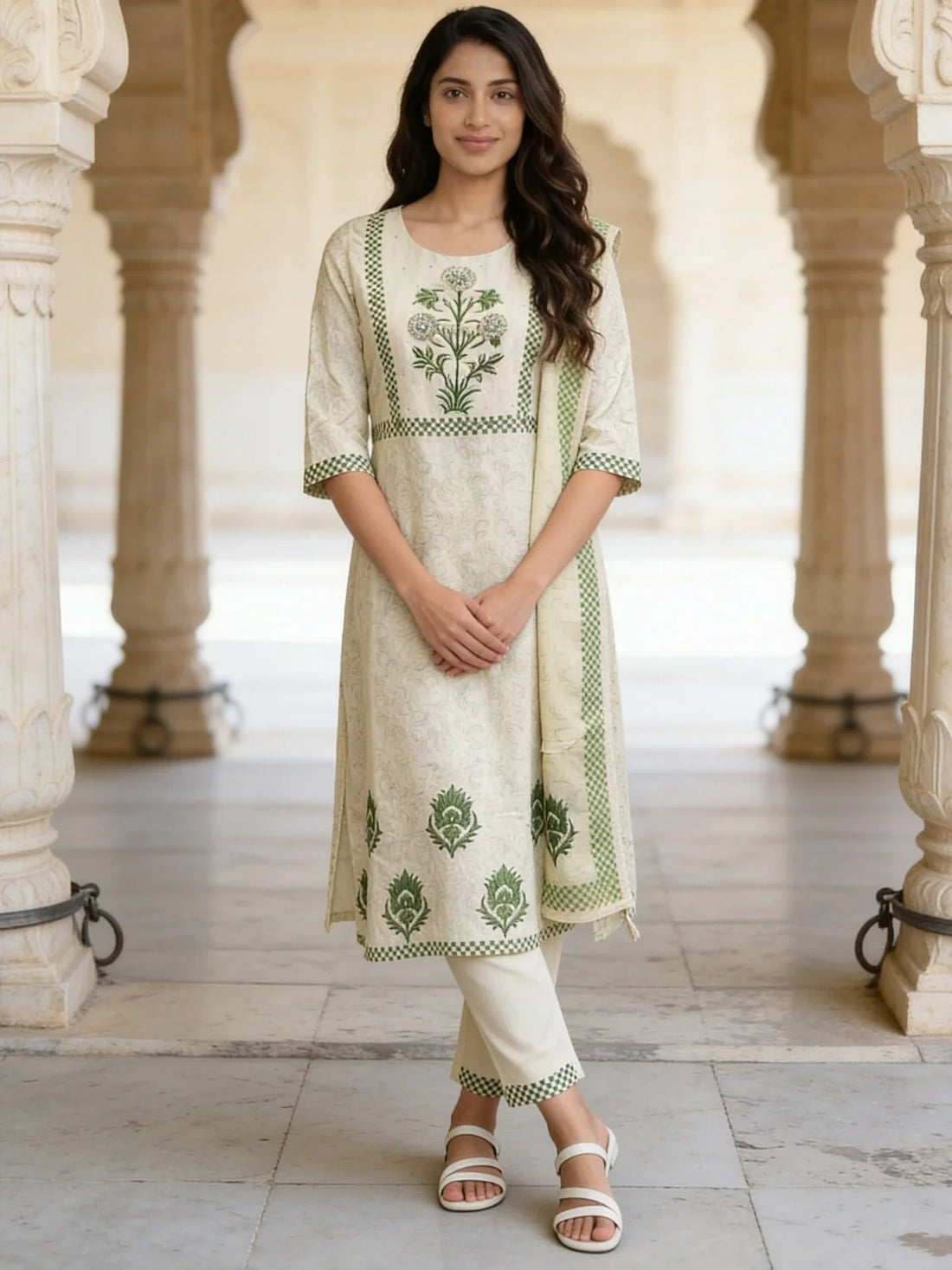 Buy Off White Cotton Embroidered Straight Calf Length Kurta With Pant and Dupatta-Off White & Green
