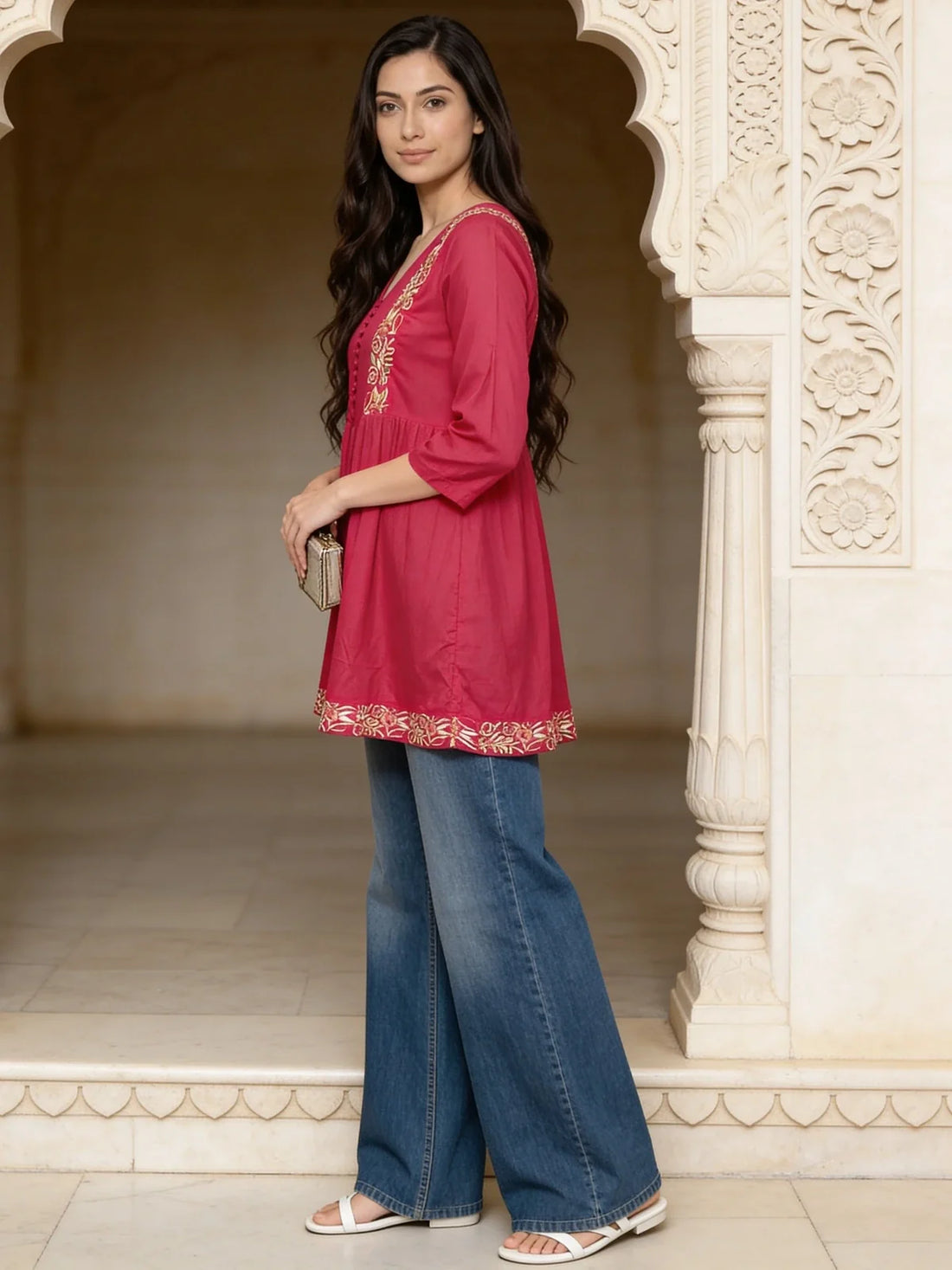 Buy Pink Rayon Embroidered A-Line Short Length Short Kurti-Pink