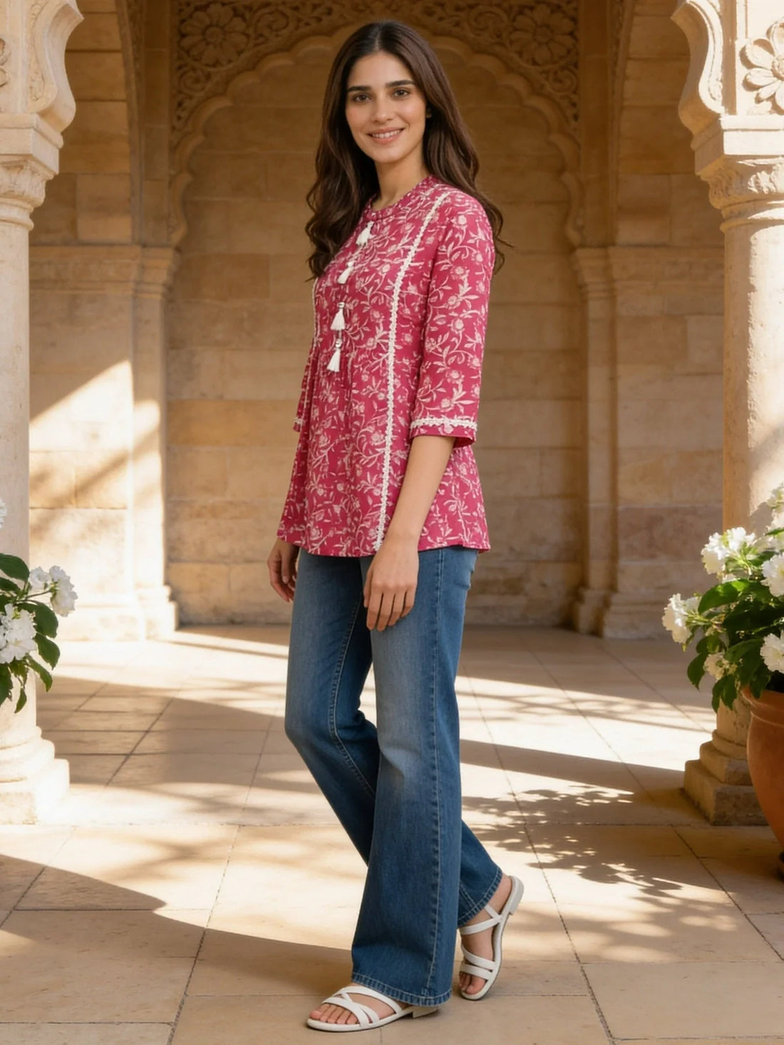 Buy Pink Cotton Printed A-Line Short Length Short Kurti-Pink