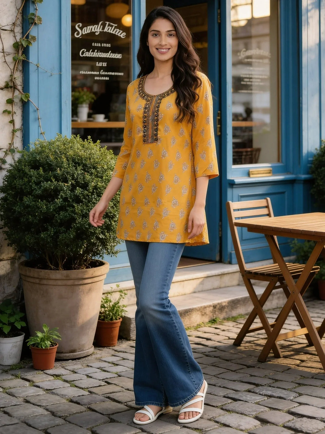 Buy Mustard Cotton Embroidered A-Line Short Length Short Kurti-Mustard