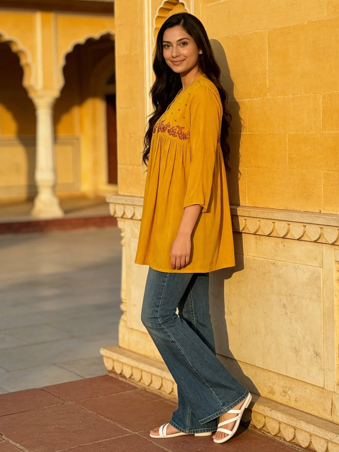 Buy Mustard Rayon Embroidered A-Line Short Length Short Kurti-Mustard