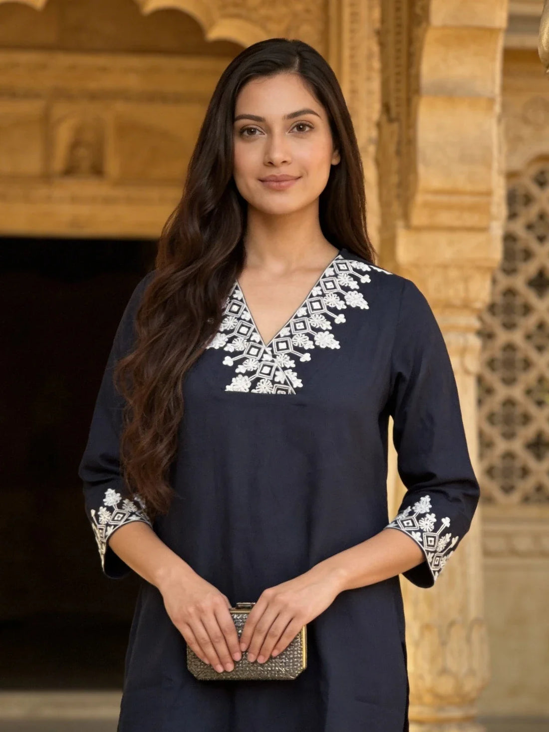 Buy Rayon Embroidered Straight Above Knee Short Kurta-Blue