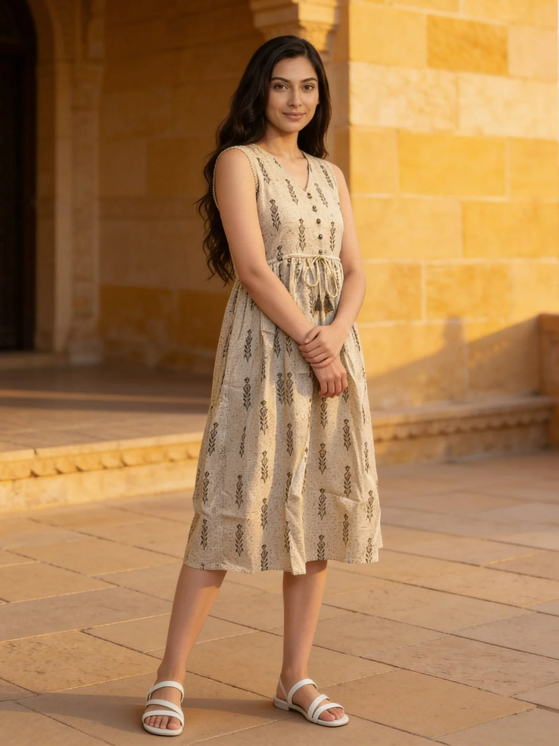 Buy Cotton Printed Flared Calf Length Dress-Grey