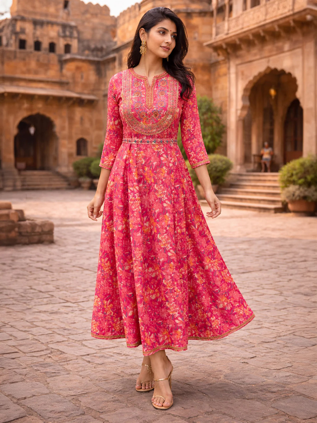 Buy Rayon Embroidered Flared Calf Length Dress-Pink