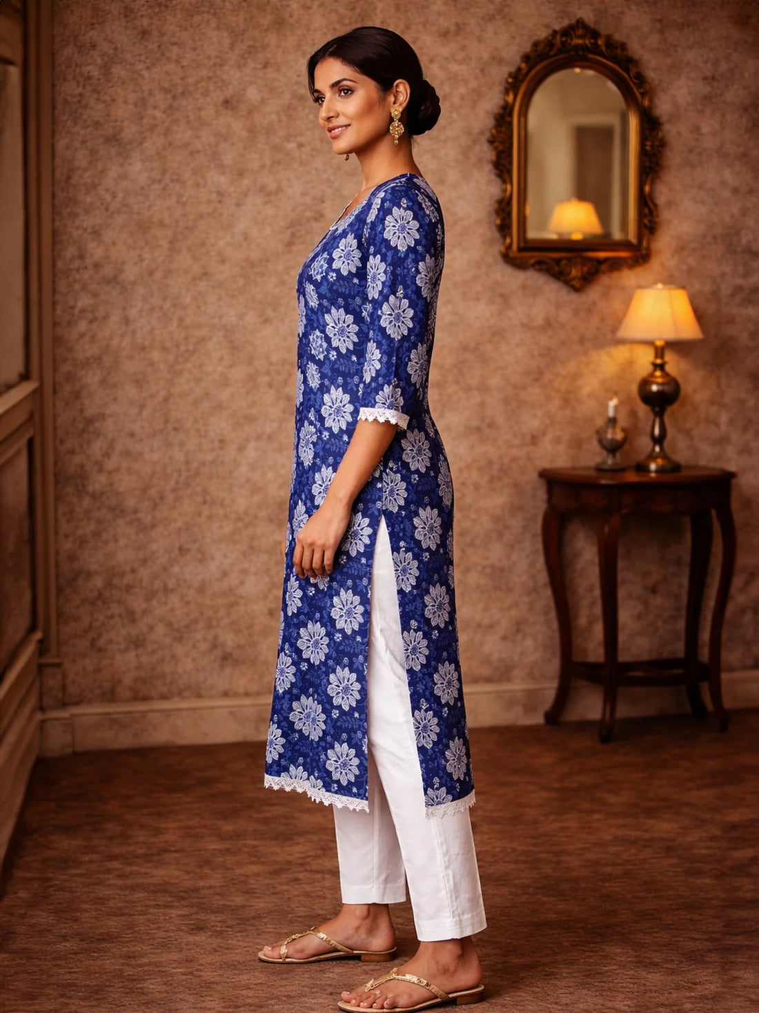 Buy Cotton Embroidered Straight Knee Length Kurta-Blue