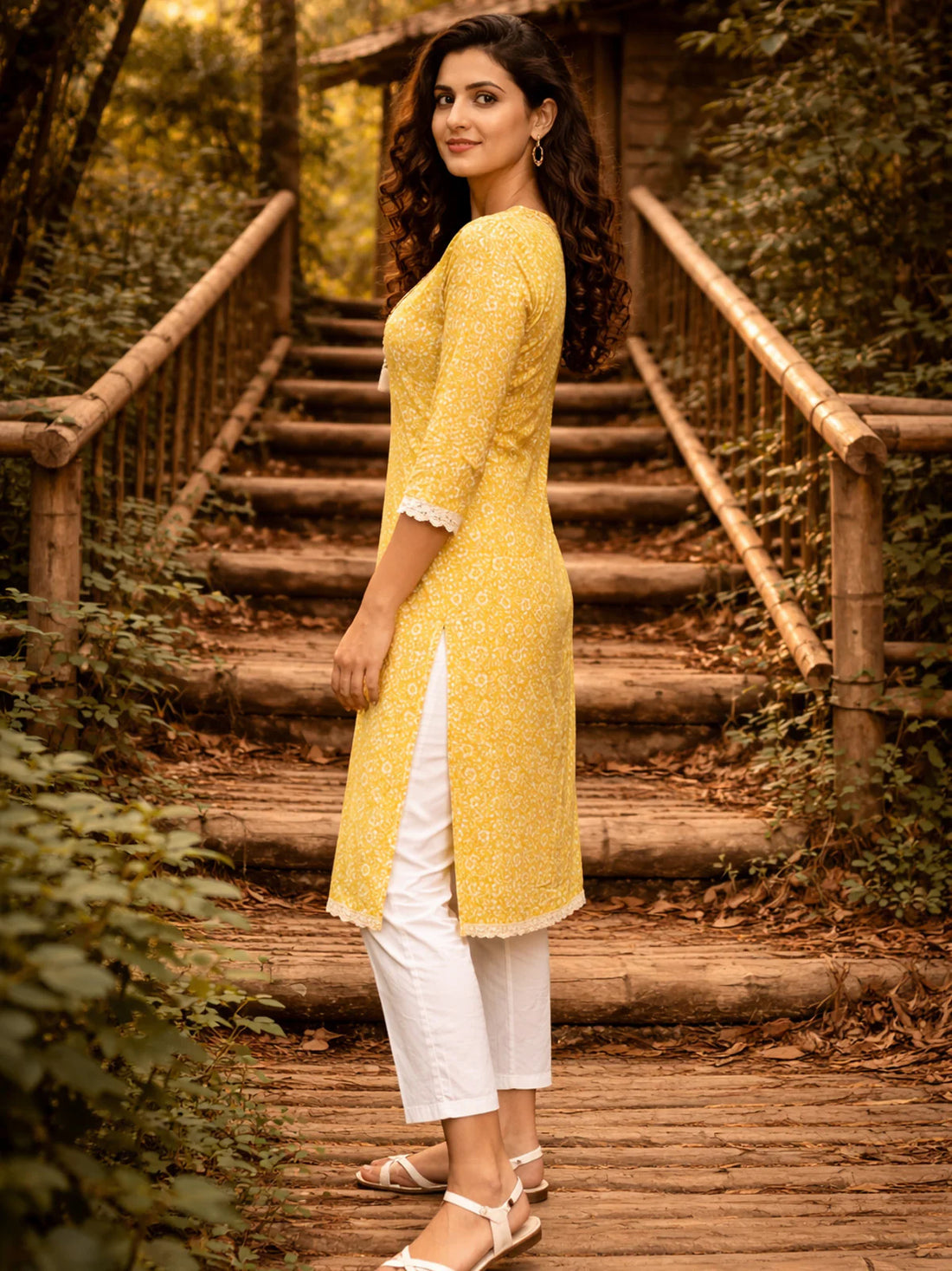 Buy Rayon Embroidered Straight Calf Length Kurta-Yellow
