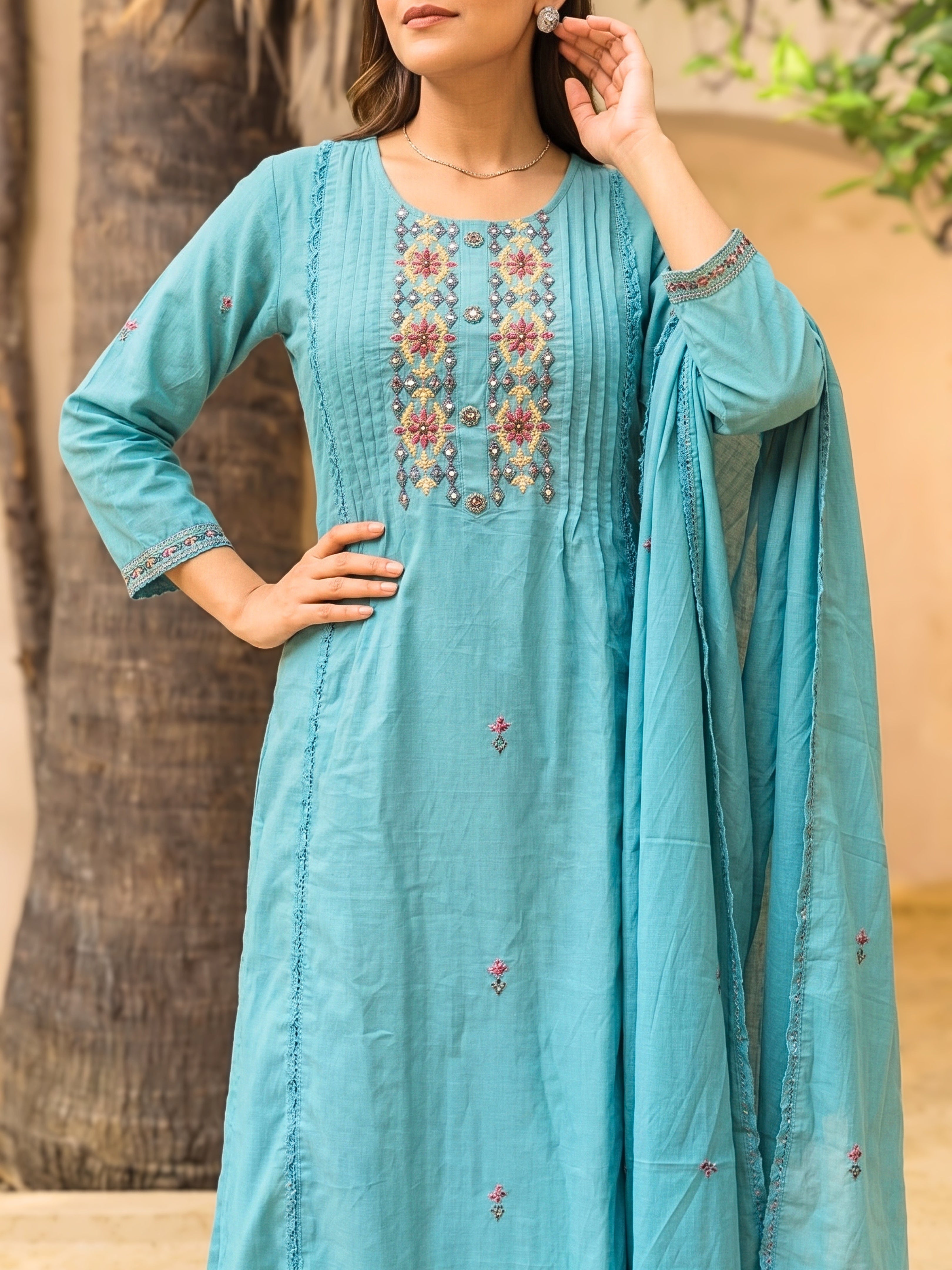 Cotton Embroidered Straight Calf Length Kurta With Pant and Dupatta