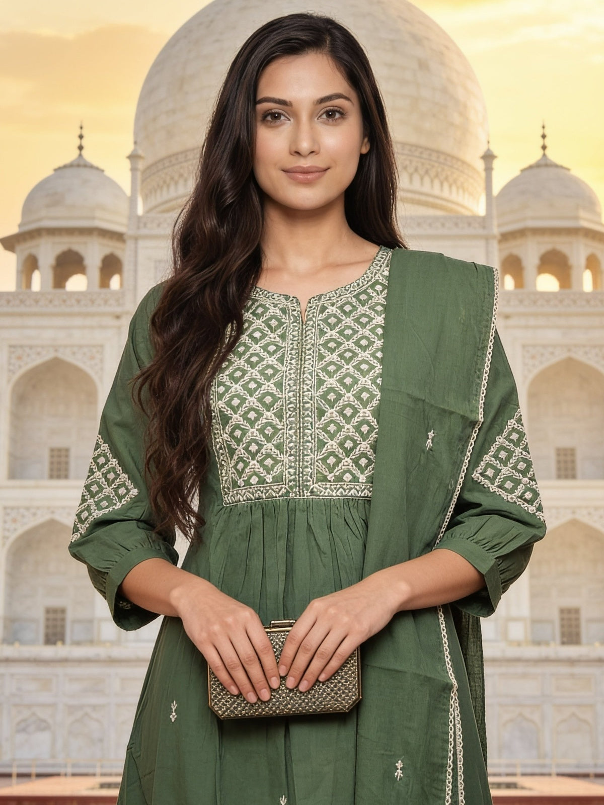 Cotton Embroidered Flared Calf Length Kurta With Pant and Dupatta