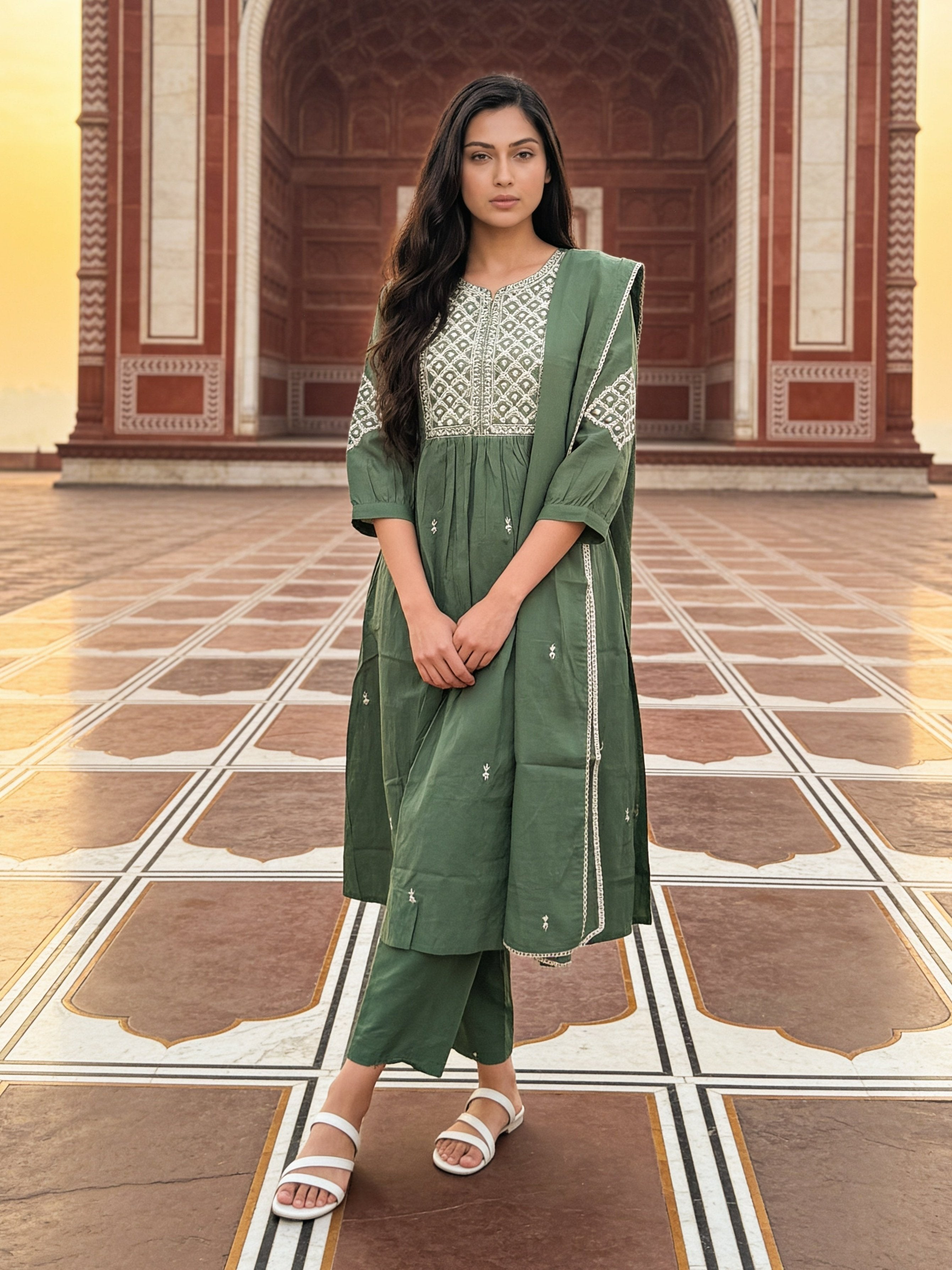 Cotton Embroidered Flared Calf Length Kurta With Pant and Dupatta