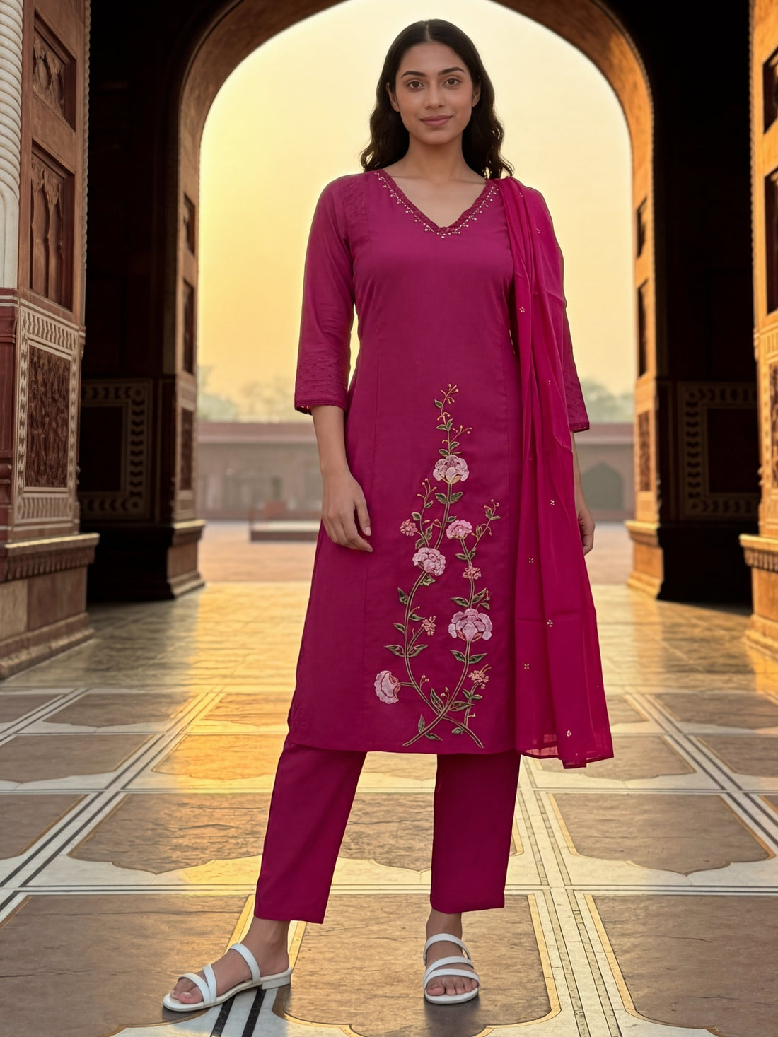 Buy Cotton Embroidered Straight Calf Length Kurta With Pant and Dupatta-Pink