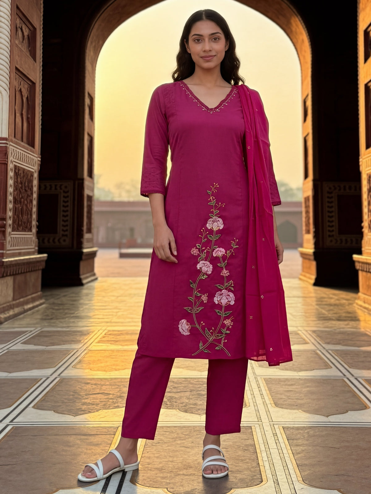 Cotton Embroidered Straight Calf Length Kurta With Pant and Dupatta