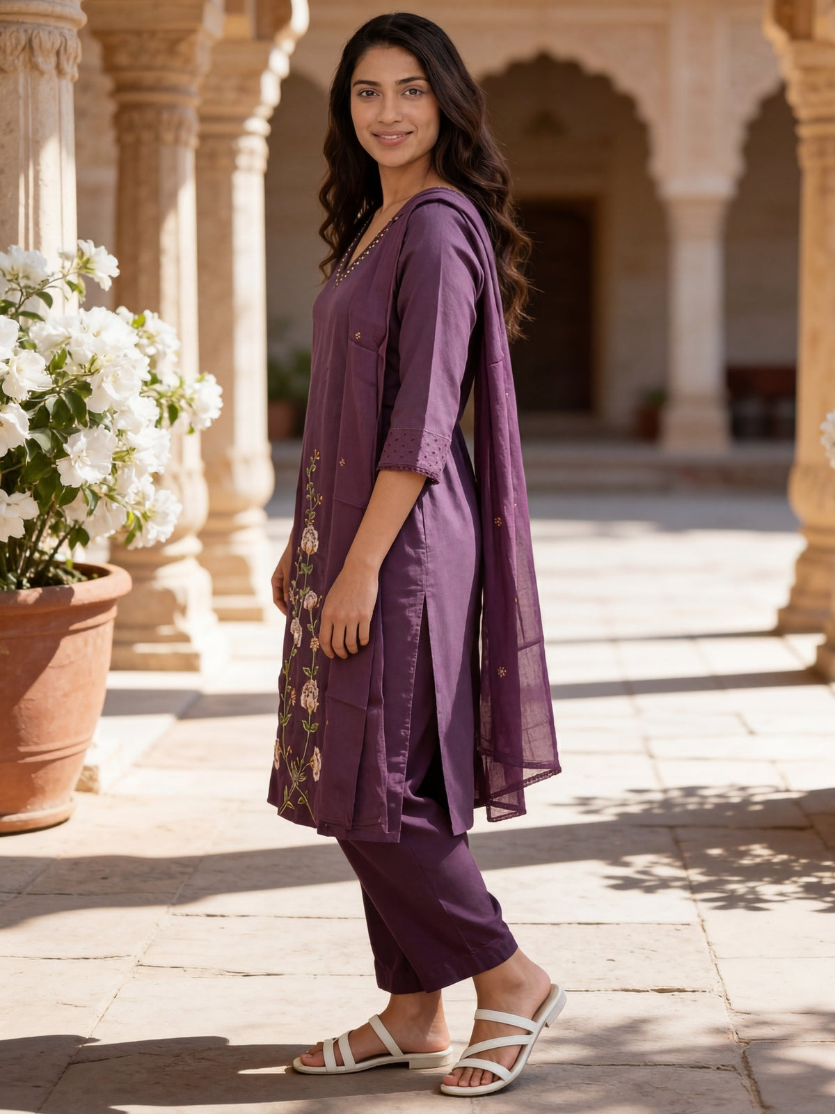 Cotton Embroidered Straight Calf Length Kurta With Pant and Dupatta