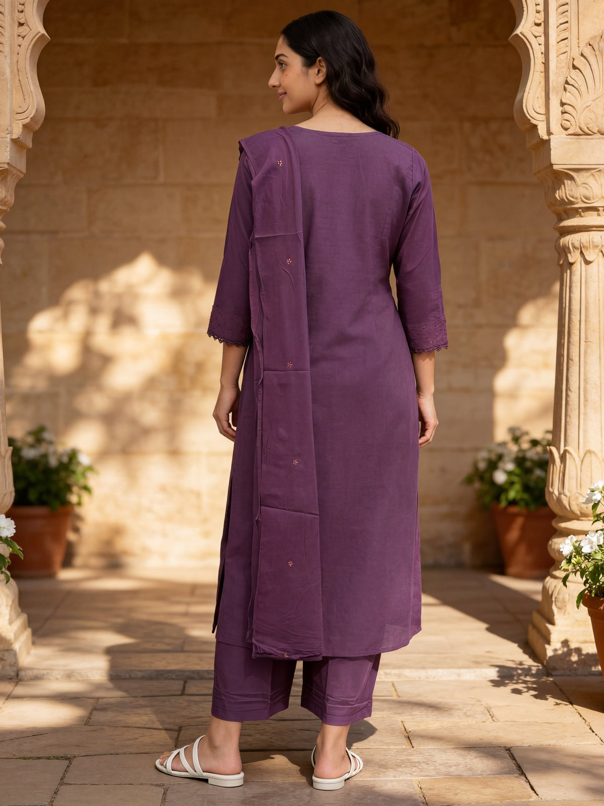Cotton Embroidered Straight Calf Length Kurta With Pant and Dupatta