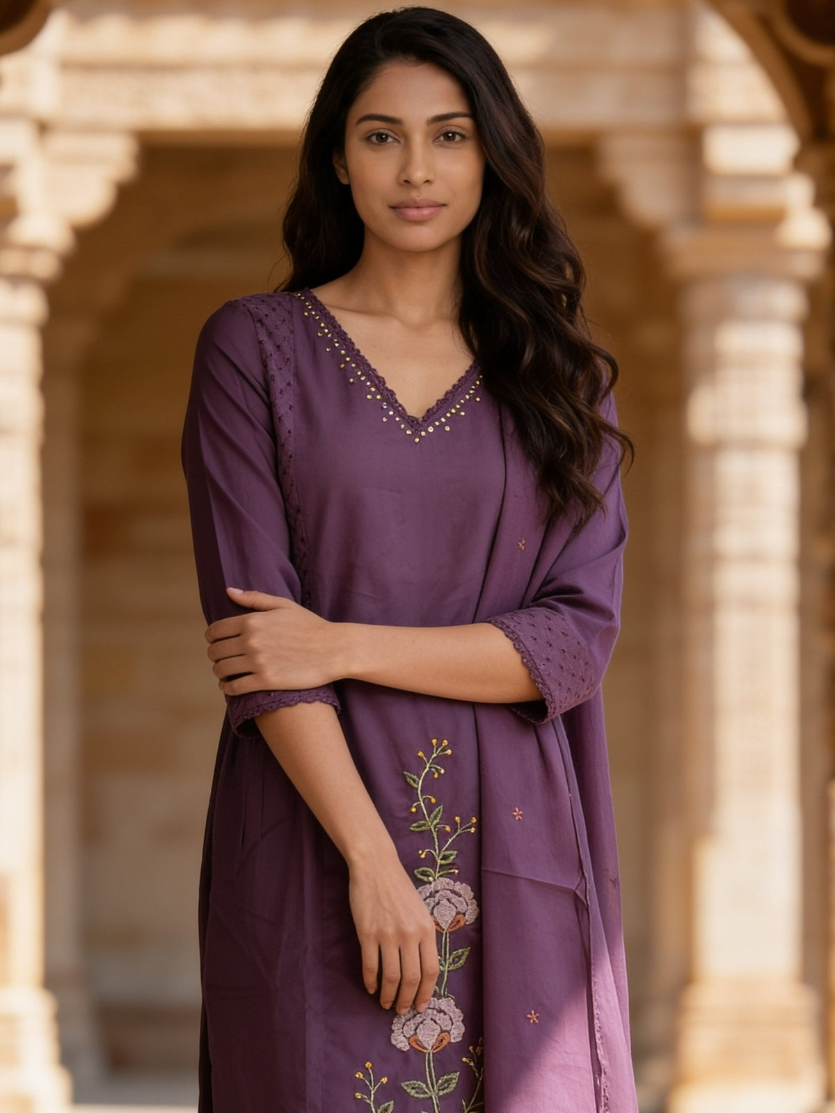 Cotton Embroidered Straight Calf Length Kurta With Pant and Dupatta