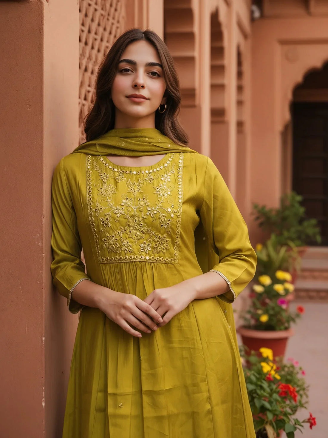 Buy Poly Viscose Embroidered Anarkali Calf Length Kurta with Pant and Dupatta-Yellow