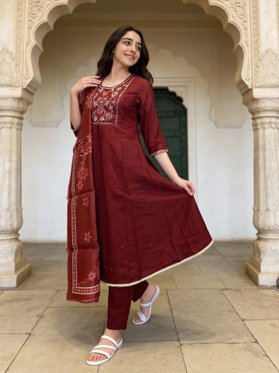 Buy Poly Viscose Embroidered A-Line Calf Length Kurta and Pant With Dupatta-Maroon