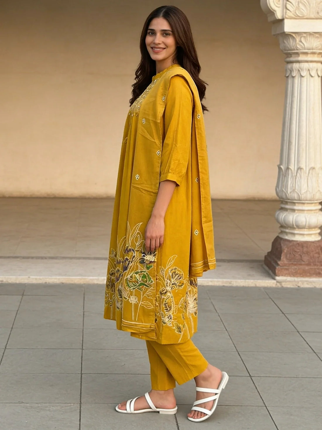 Buy Yellow Cotton Embroidered Anarkali Calf Length Kurta With Pant and Dupatta-Yellow