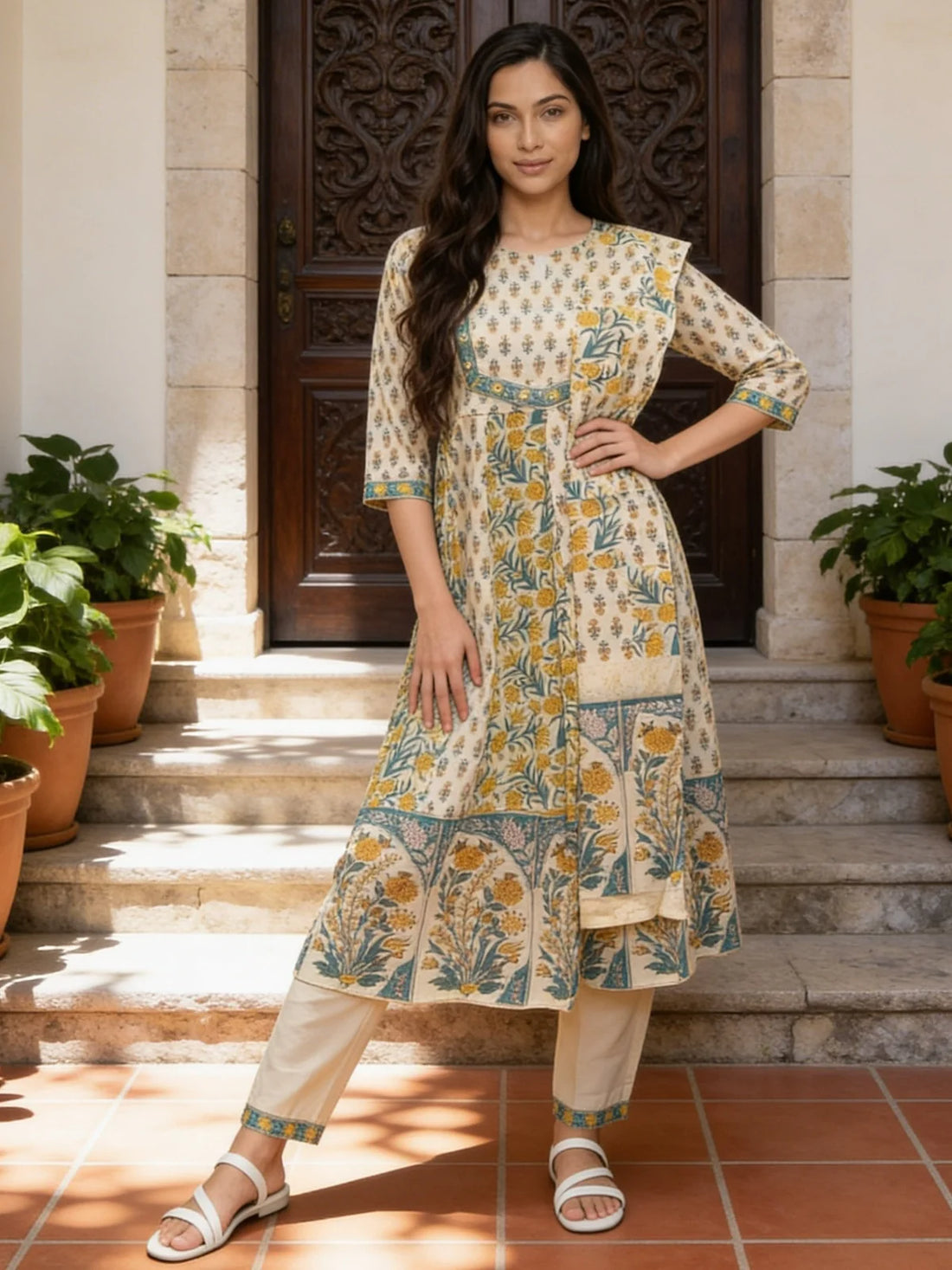 Buy Cotton Embroidered Anarkali Calf Length Kurta With Pant and Dupatta-Yellow