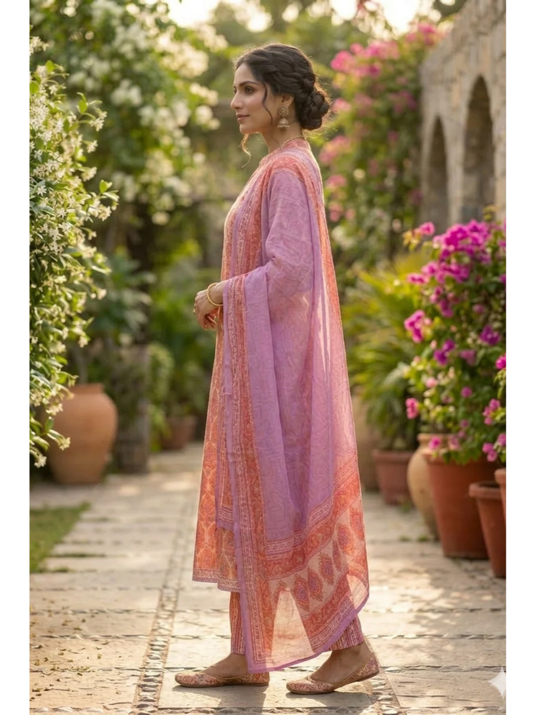Buy Cotton Embroidered Anarkali Calf Length Kurta with Pant and Dupatta-Pink