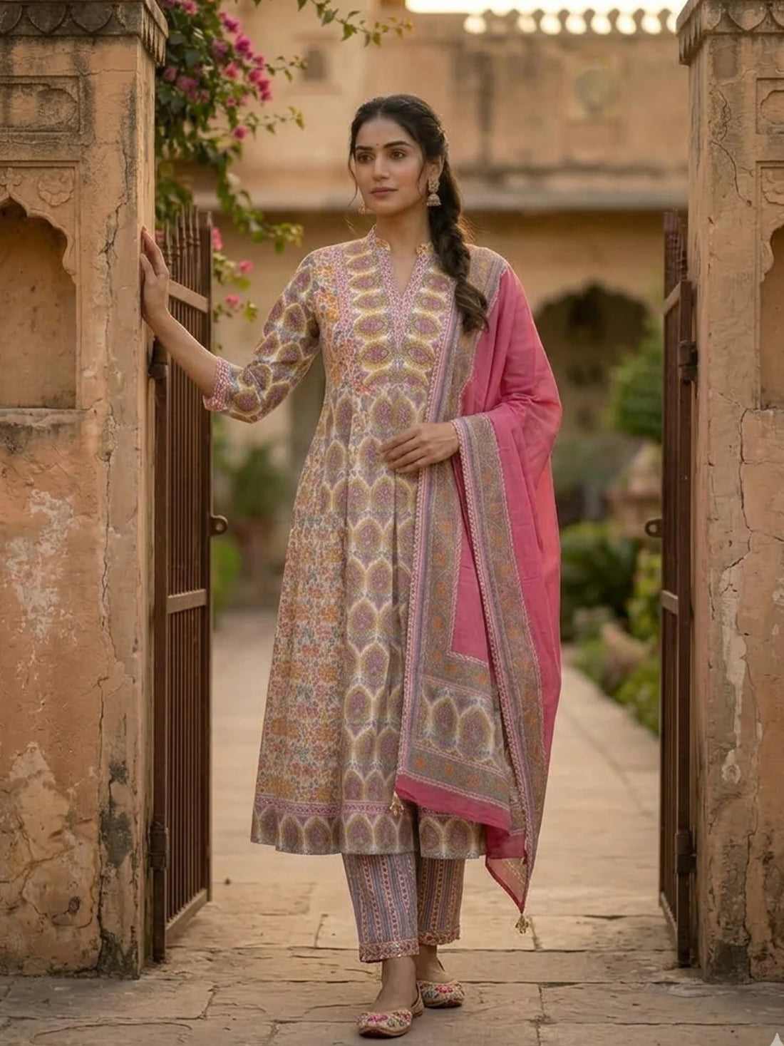 Buy Cotton Embroidered Anarkali Calf Length Kurta with Pant and Dupatta-Yellow