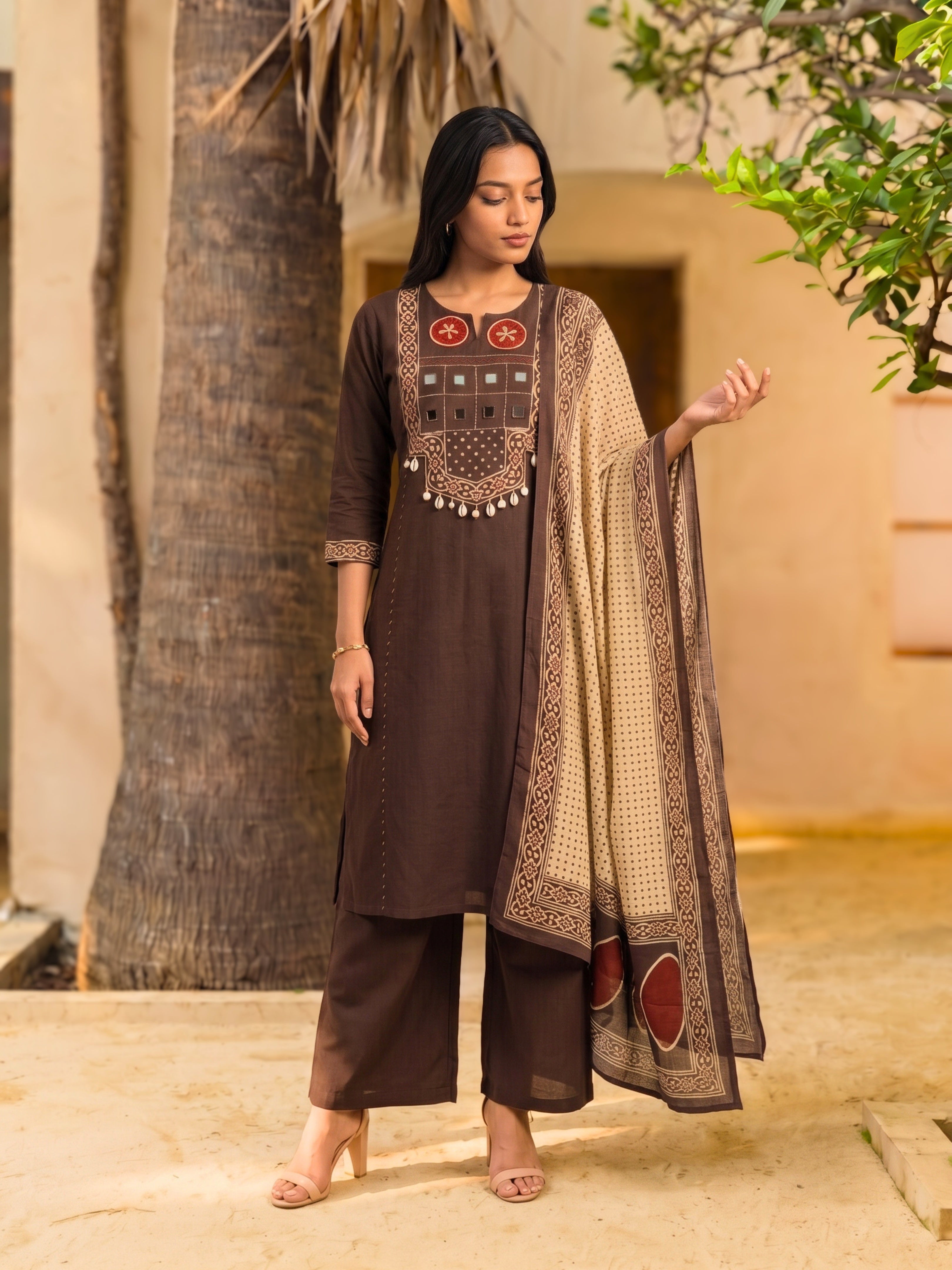 Cotton Embroidered Straight Calf Length Kurta With Pant and Dupatta