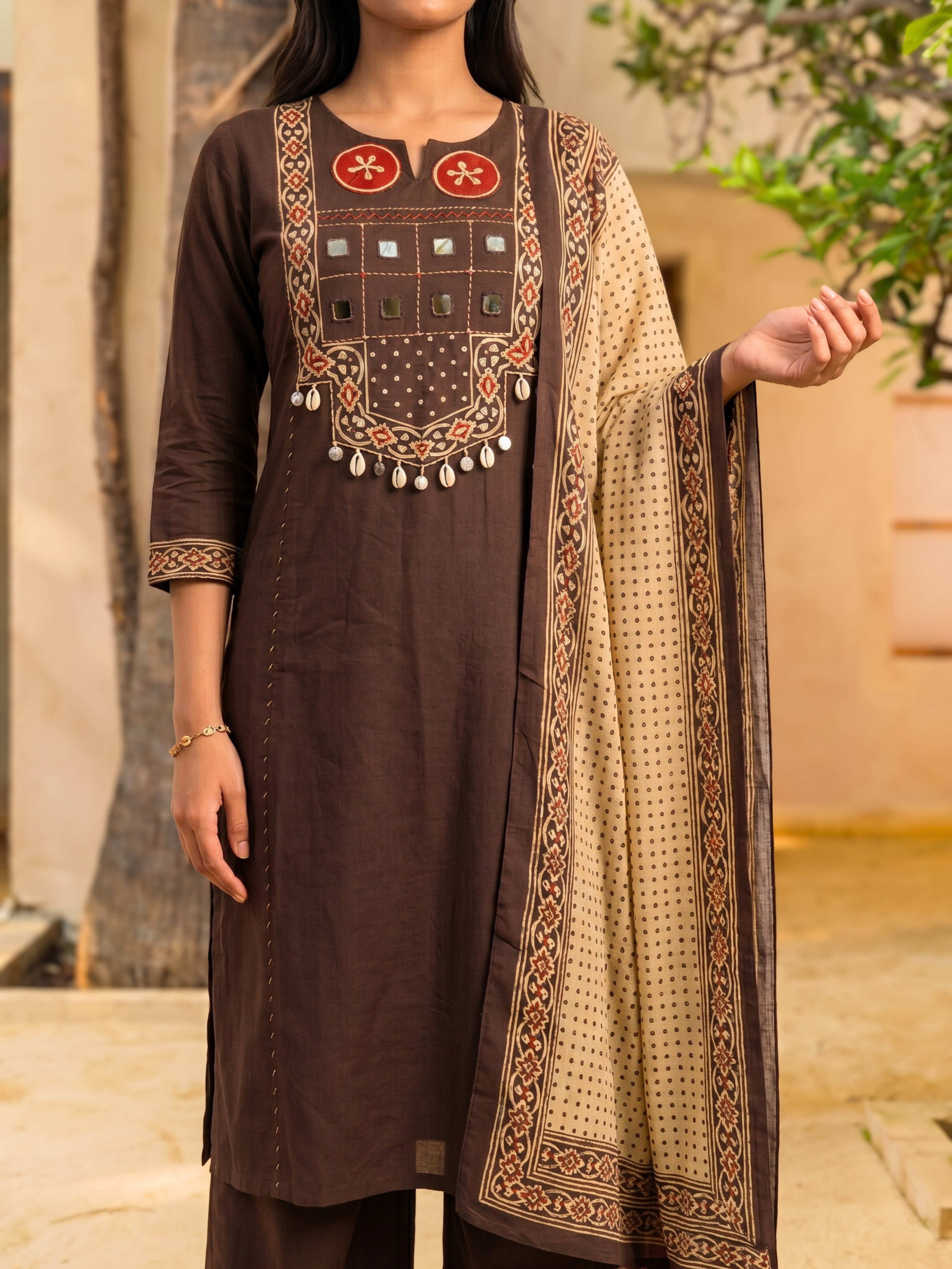 Cotton Embroidered Straight Calf Length Kurta With Pant and Dupatta