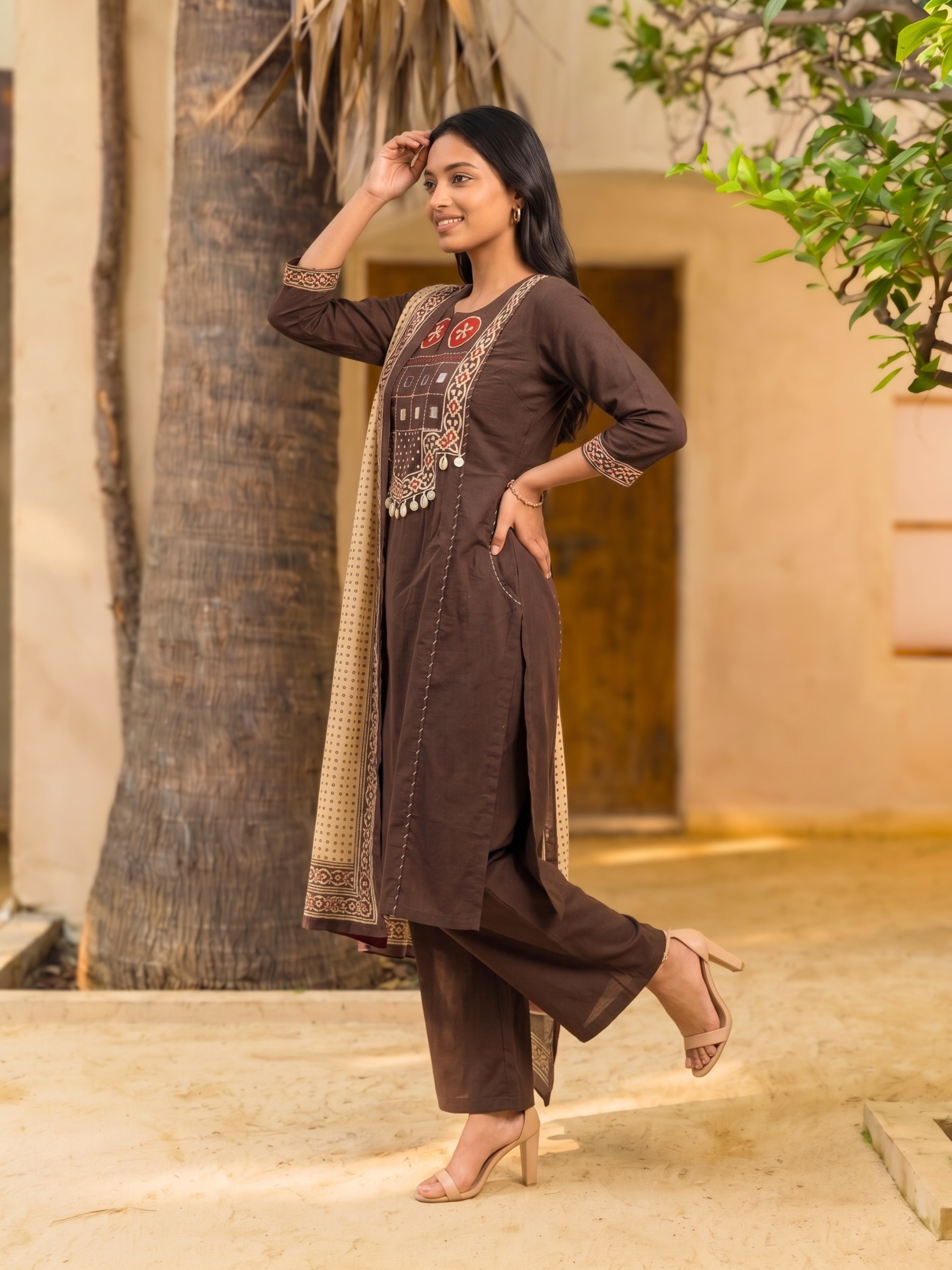 Cotton Embroidered Straight Calf Length Kurta With Pant and Dupatta