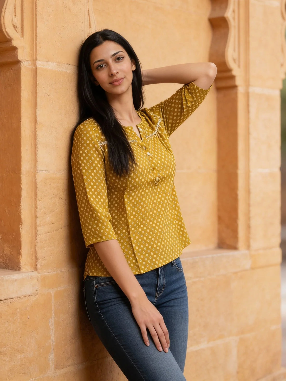 Buy Rayon Printed Straight Above Knee Short Kurta-Mustard