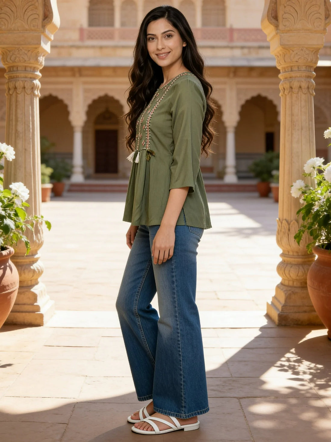 Buy Rayon Embroidered A-Line Short Length Short Kurta-Olive