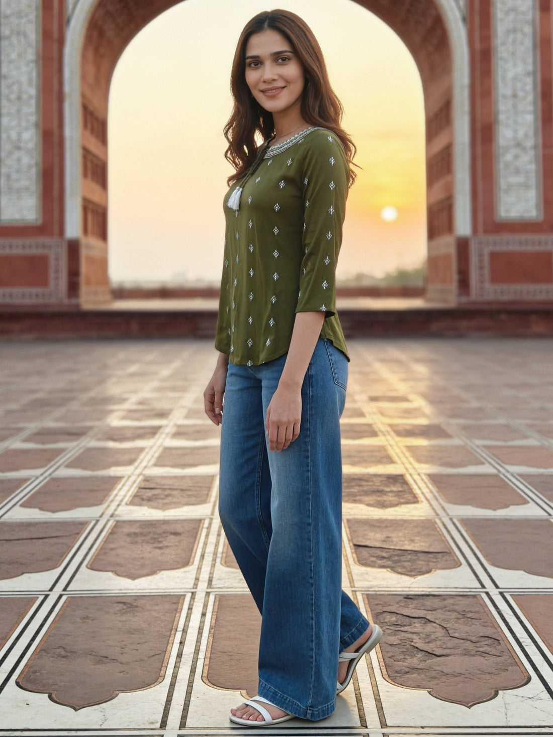Buy Rayon Embroidered A-Line Short Length Short Kurta-Green