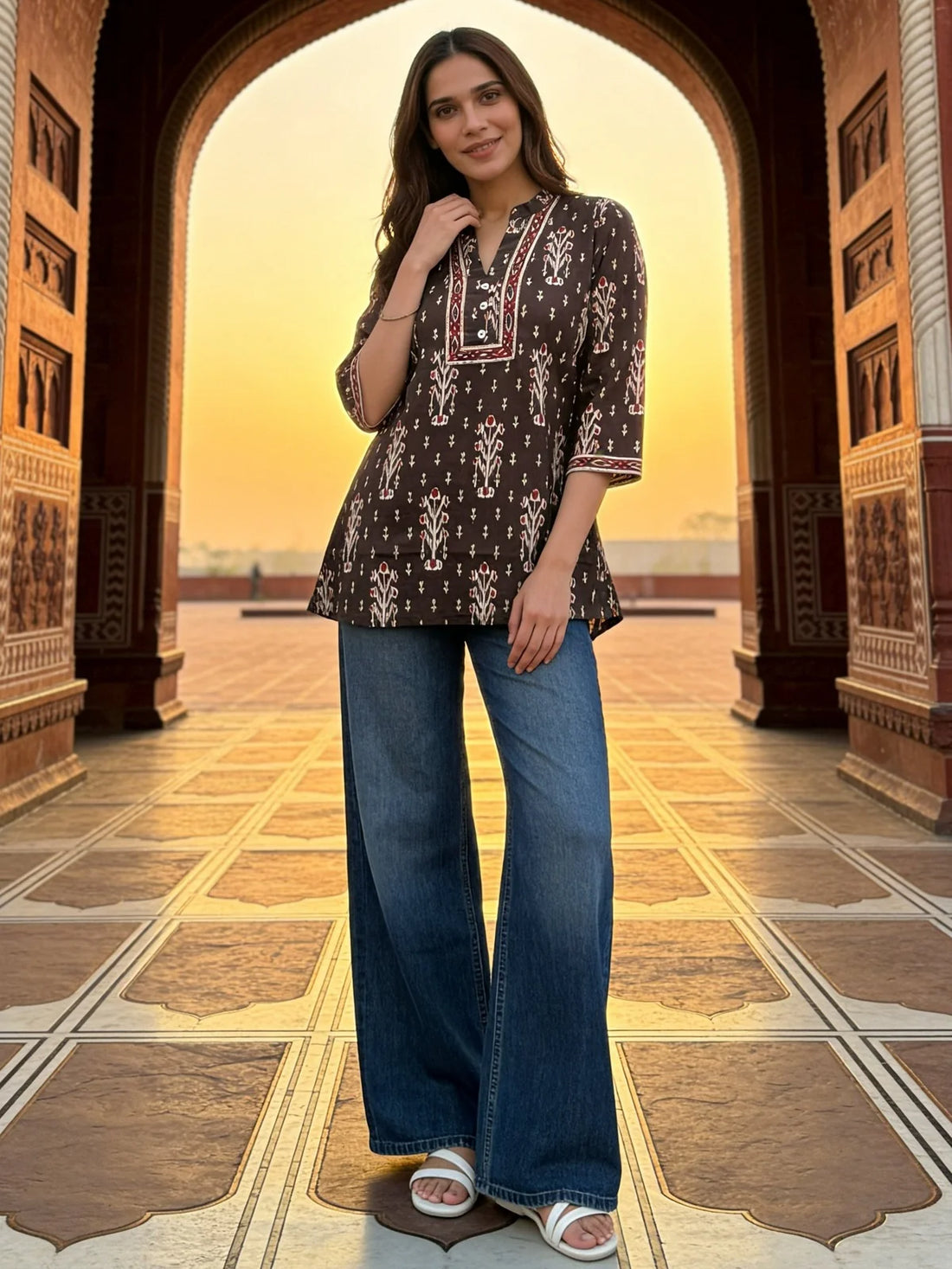 Buy Cotton Printed A-Line Short Length Short Kurta-Brown