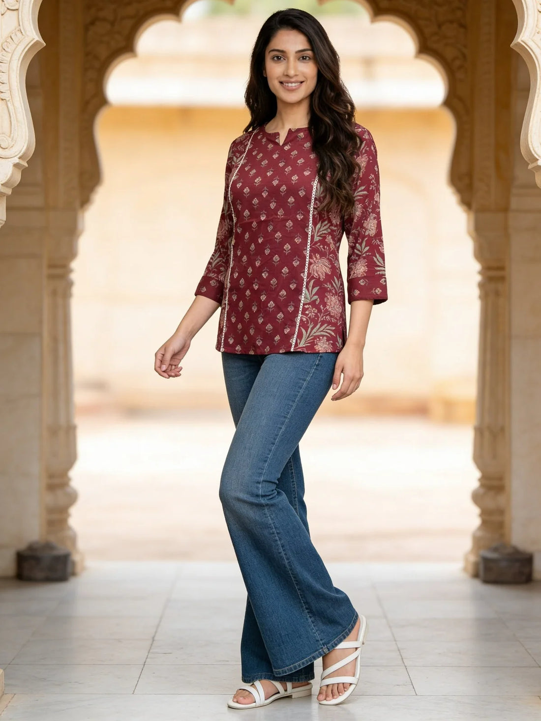 Buy Rayon Printed A-line Short Length Short Kurta-Maroon