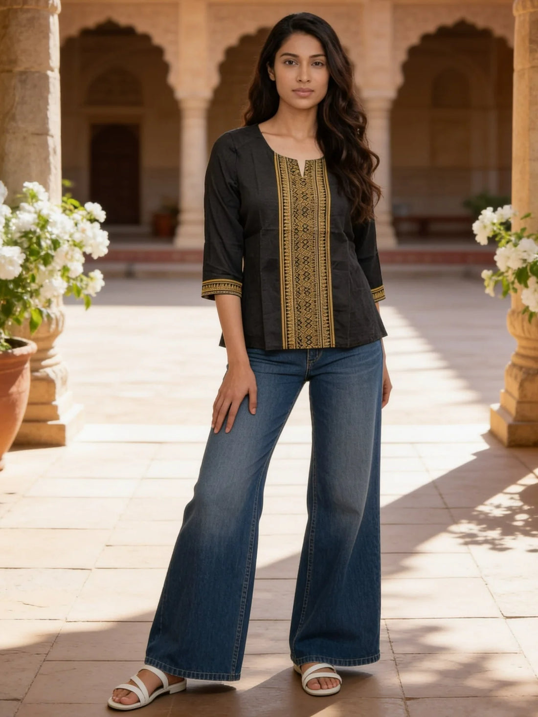 Buy Cotton Printed A-Line Short Length Short Kurta-Black