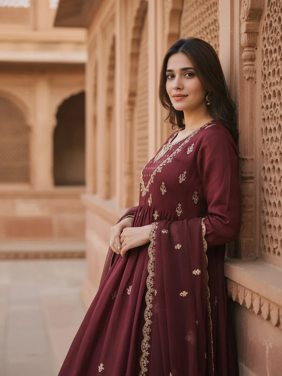 Buy Poly Viscose Embroidered Anarkali Calf Length Kurta with Pant and Dupatta-Maroon