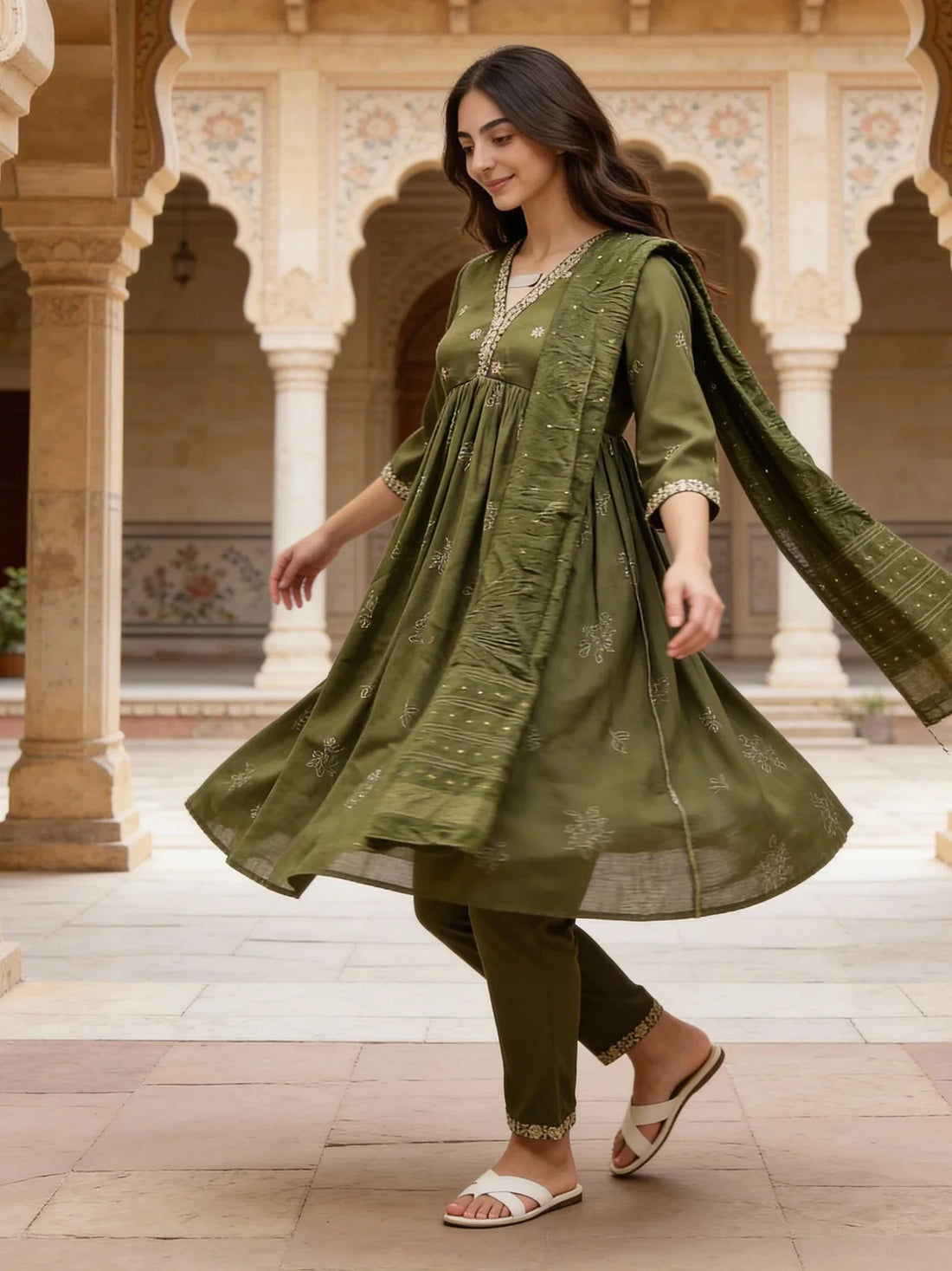 Buy Poly Viscose Embroidered Anarkali Calf Length Kurta and Pant with Dupatta-Green